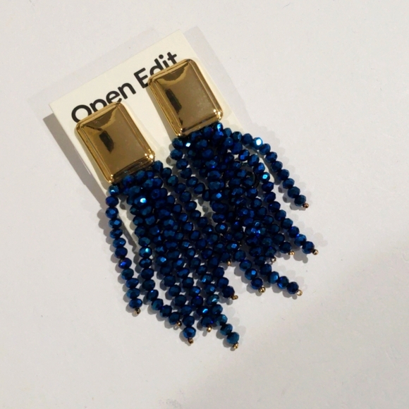 Open Edit Gold & Blue Beaded Tassel Clip-On Earrings – Statement Boho Jewelry - Picture 6 of 9